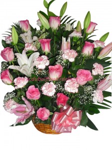 pink flowers basket